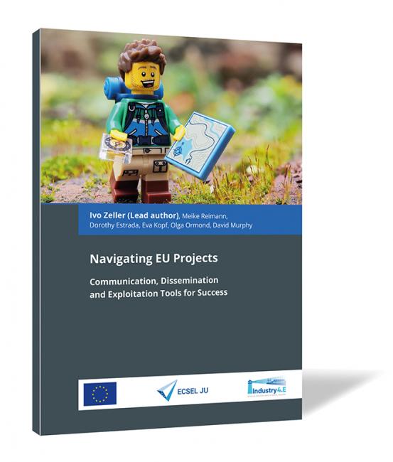 Book cover 'Navigating EU Projects' by Ivo Zeller. Book cover of 'Navigating EU Projects' by Ivo Zeller (Lead author), featuring a LEGO-style figure in a green landscape holding a tablet with digital symbols.