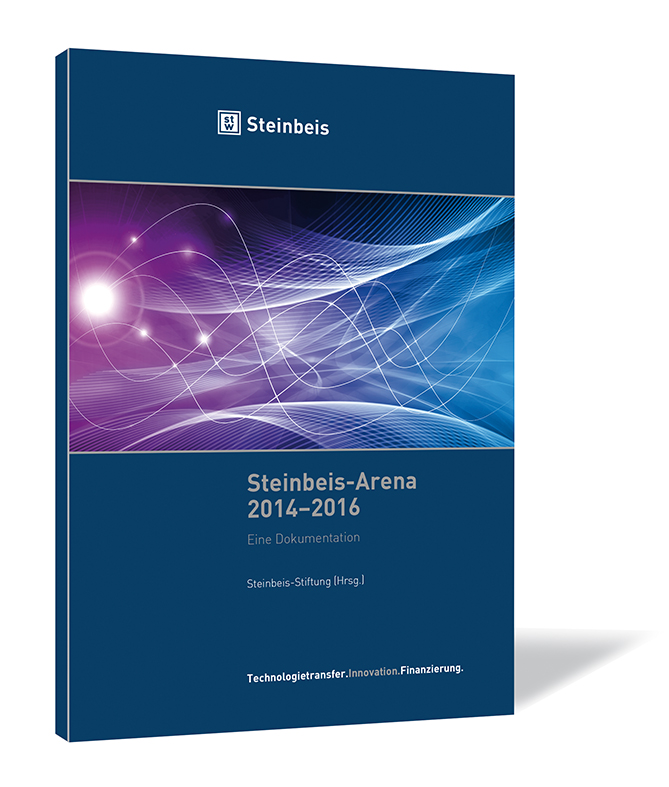 Buchcover von 'Steinbeis-Arena 2014–2016' von Steinbeis-Stiftung, mit abstraktem Muster aus violetten und blauen Lichtwellen auf dunkelblauem Hintergrund.
