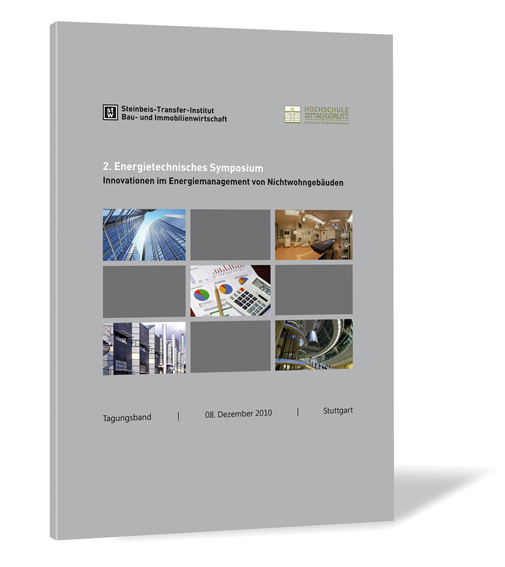 Buchcover von '2. Energietechnisches Symposium' vom Steinbeis-Transfer-Institut Bau- und Immobilienwirtschaft (Hrsg.), mit grauem Hintergrund und einem 3x3 Feld, wobei an den Ecken und in der Mitte jeweils ein Bild ist.