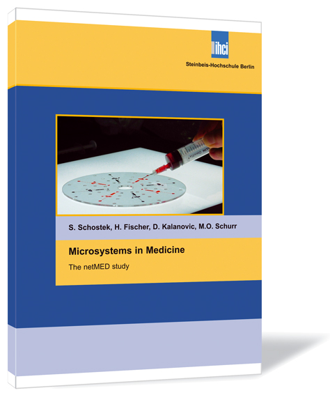 Buchcover von 'Microsystems in Medicine' von Sebastian Schostek, Harald Fischer, Daniel Kalanovic, Marc O. Schurr, mit einem gelb-blauen Hintergrund und einer Spritze, die in einen Kreis spritzt, wobei rote und blaue Flecken sichtbar sind.