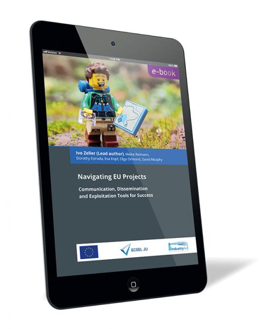 Book cover of 'Navigating EU Projects (E-Book)' by Ivo Zeller, showing a LEGO-style figure standing in a field, holding a digital tablet with icons, on a tilted tablet screen.