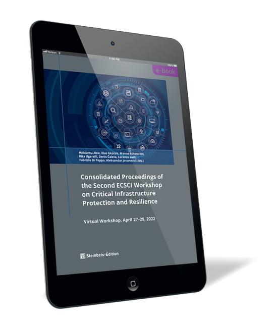 Book cover 'Consolidated Proceedings of the Second ECSCI Workshop on Critical Infrastructure Protection and Resilience'. Book cover of 'Consolidated Proceedings of the Second ECSCI Workshop on Critical Infrastructure Protection and Resilience', dark blue background with a circular network graphic, displayed on a tablet.