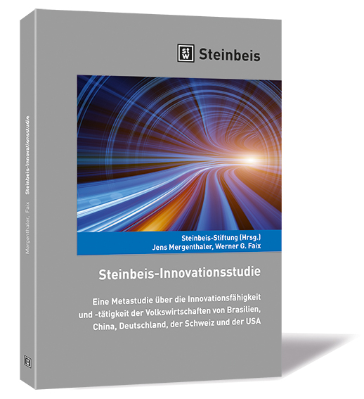 Buchcover von 'Steinbeis-Innovationsstudie' von Jens Mergenthaler, Werner G. Faix, mit abstrakten Lichtstreifen in Blau und Orange.