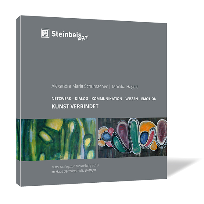 Buchcover 'Kunst verbindet' von Alexandra Maria Schumacher und Monika Hägele. Buchcover von 'Kunst verbindet' von Alexandra Maria Schumacher und Monika Hägele, mit grauem Hintergrund und einem horizontalen Streifen mit abstrakten farbigen Kunstwerken.