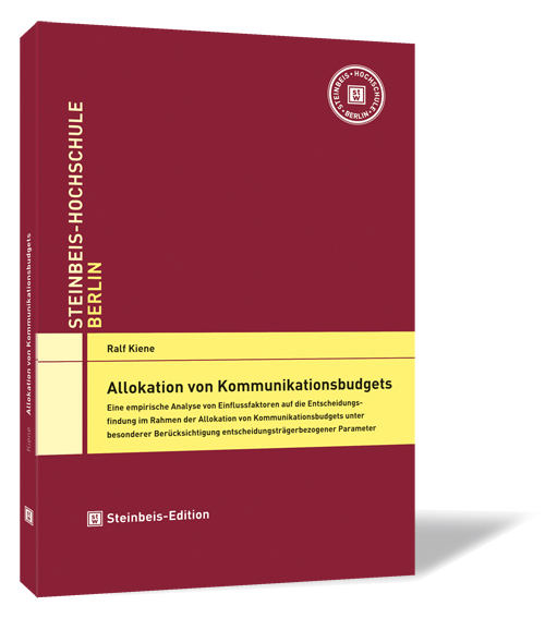 Buchcover 'Allokation von Kommunikationsbudgets' von Ralf Keine Buchcover von 'Allokation von Kommunikationsbudgets' von Ralf Kiene, mit rotem Hintergrund, gelben Akzenten und dem Logo der Steinbeis Hochschule oben rechts.