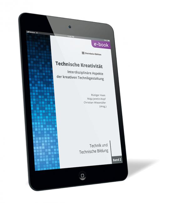 Buchcover von 'Technische Kreativität (E-Book)' von Rüdiger Haas, Maja Jeretin-Kopf und Christian Wiesmüller, mit einem minimalistischen Design und einem Muster aus blauen Pixeln am linken Rand.