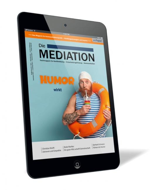 Buchcover 'Die Mediation (Ausgabe 2020/03) (E-Paper)' von Gernot Barth. Buchcover der Zeitschrift 'Die Mediation (Ausgabe 2020/03) (E-Paper)' von Gernot Barth, mit einem Mann im Badeoutfit, Trinkflasche und Schwimmreifen auf hellblauem Hintergrund.