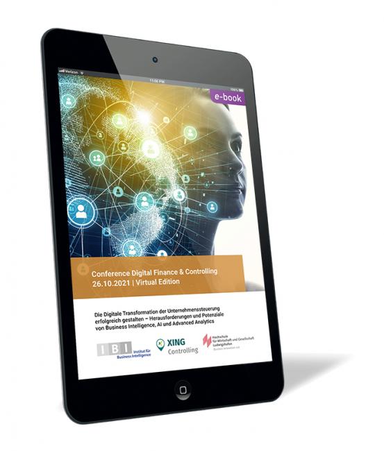 Buchcover 'Conference Digital Finance & Controlling 26.10.2021 | Virtual Edition (E-Book)' von Andreas Seufert. Buchcover von 'Conference Digital Finance & Controlling 26.10.2021 | Virtual Edition (E-Book)' von Andreas Seufert, mit einem digitalen Profil eines menschlichen Kopfes und vernetztem Gehirn auf einem Tabletbildschirm.