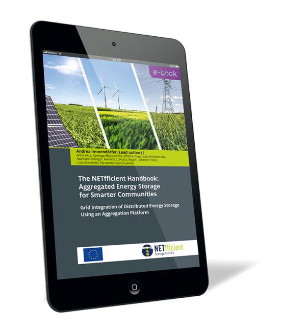 Book cover of 'The NETfficient Handbook: Aggregated Energy Storage for Smarter Communities (E-Book)' by Andrea Immendörfer, showing a tablet with images of solar panels, wind turbines, and green fields.
