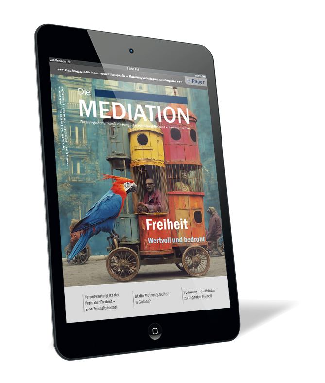 Buchcover der Zeitschrift 'Die Mediation (Ausgabe 2025/02) (E-Paper)' von Gernot Barth (Hrsg.), mit buntem Vogelhaus auf Rädern und zwei Papageien davor in einer urbanen Szenerie.