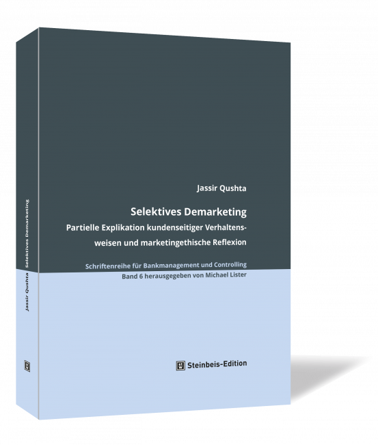 Buchcover von 'Selektives Demarketing' von Jassir Qushta, mit schlichtem zweifarbigem Design in Dunkelgrau und Hellblau, herausgegeben von der Steinbeis-Edition.