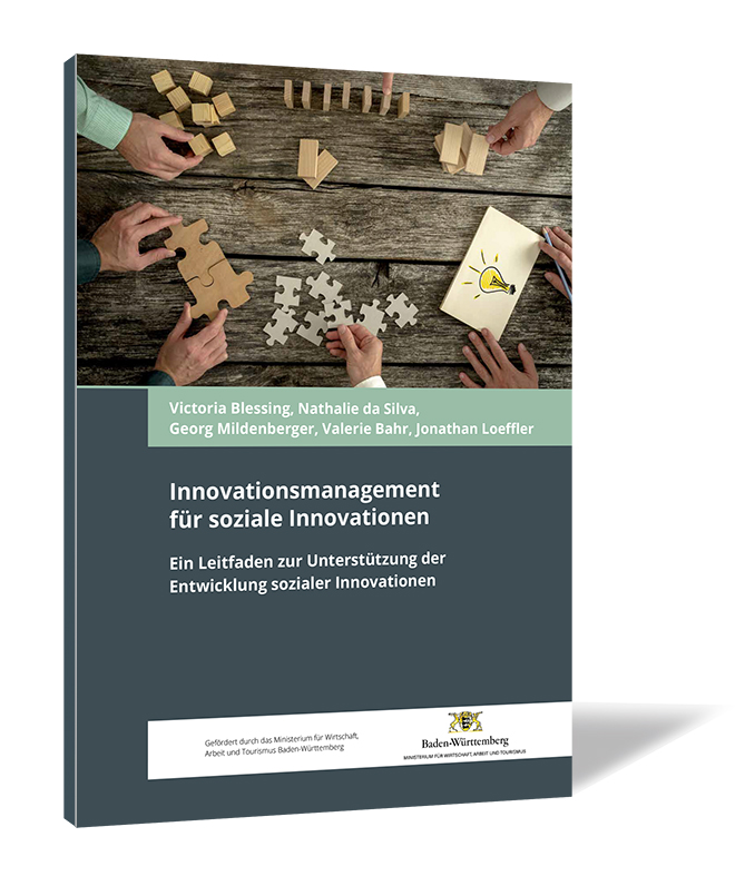 Buchcover von 'Innovationsmanagement für soziale Innovationen' von Victoria Blessing, Nathalie da Silva, Georg Mildenberger, Valerie Bahr und Jonathan Loeffler, mit einem Bild von Händen, die an Puzzleteilen arbeiten, um eine Glühbirne zu bilden.