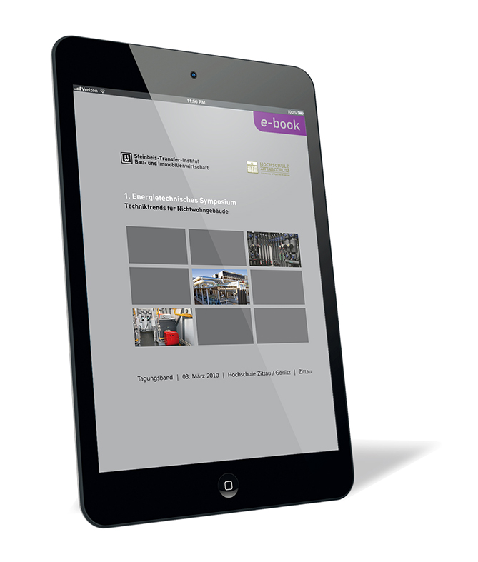 Buchcover von '1. Energietechnisches Symposium – Vortragsfolien' von Steinbeis-Transfer-Institut Bau- und Immobilienwirtschaft (Hrsg.), mit grauem Hintergrund und vier diagonal angeordneten Bildern, angezeigt auf einem iPad.