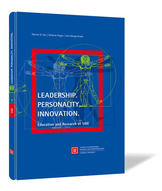 Book cover of 'Leadership. Personality. Innovation.' by Werner G. Faix, Stefanie Kisgen, and Jens Mergenthaler, featuring a dark blue background with a red-outlined square containing a sketch of Leonardo da Vinci’s Vitruvian Man.