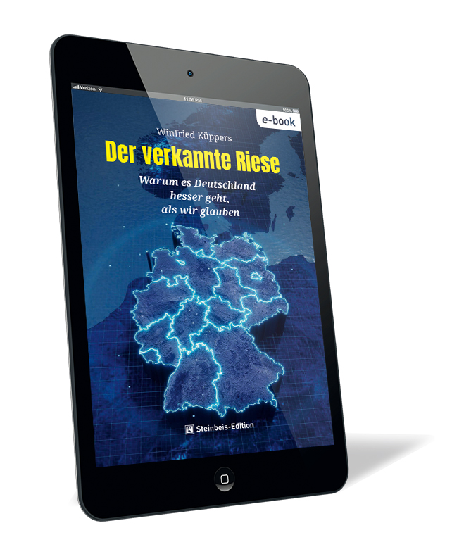 Buchcover von 'Der verkannte Riese (E-Book)' von Winfried Küppers, mit einer Deutschlandkarte in leuchtendem Blau auf dunklem Hintergrund.