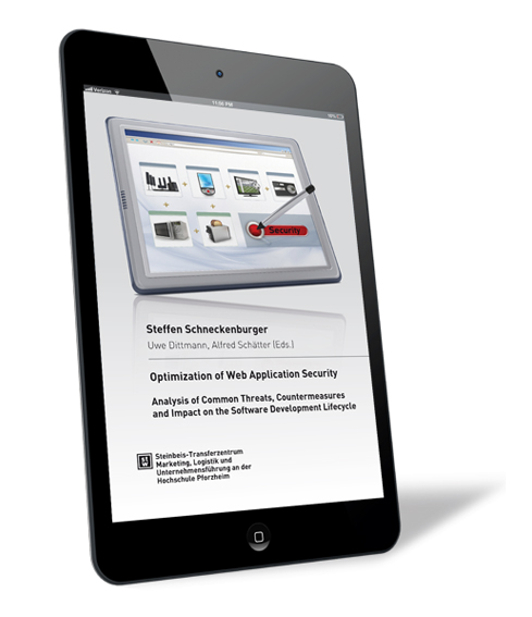 Book cover of 'Optimization of Web Application Security (E-Book)' by Steffen Schneckenburger, Uwe Dittmann, Alfred Schätter, featuring a tablet with a stylus being used to type.