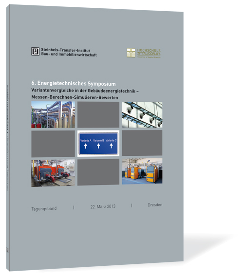 Buchcover von '6. Energietechnisches Symposium' von Steinbeis-Transfer-Institut Bau- und Immobilienwirtschaft (Hrsg.), mit grauem Hintergrund und einem 3x3 Feld, wobei an den Ecken und in der Mitte jeweils ein Bild ist.