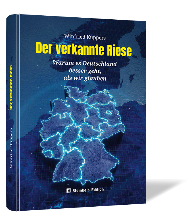 Buchcover von 'Der verkannte Riese' von Winfried Küppers, mit einer Deutschlandkarte in leuchtendem Blau auf dunklem Hintergrund.