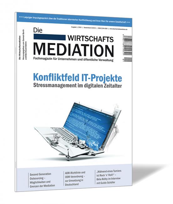 Buchcover der Zeitschrift 'Die Wirtschaftsmediation (Ausgabe 2015/01)' von Gernot Barth und Bernhard Böhm, mit einem Bild eines Laptop-Bildschirms, der fehlerhafte IT-Projektinformationen anzeigt.