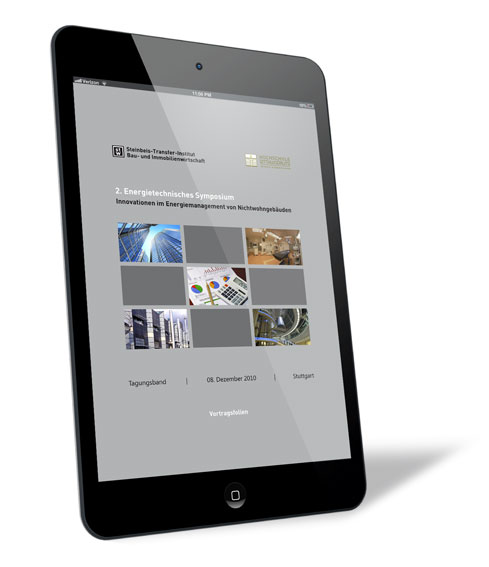 Buchcover von '2. Energietechnisches Symposium – Vortragsfolien' (E-Book) von Steinbeis-Transfer-Institut Bau- und Immobilienwirtschaft, mit grauem Hintergrund und einem 3x3 Feld mit Bildern, angezeigt auf einem iPad.