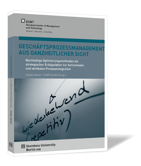 Buchcover von 'Geschäftsprozessmanagement aus ganzheitlicher Sicht' von Steffen Moser, mit einem Bild eines geschriebenen Texts auf einem Notizbuch, das symbolisch für Optimierungsmethoden steht, und einem modernen Design.