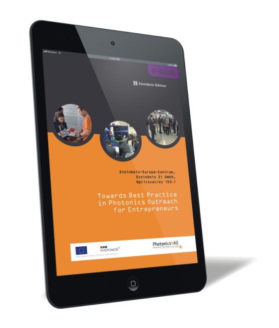 Book cover of 'Towards Best Practice in Photonics Outreach for Entrepreneurs (E-Book)' by Steinbeis-Europa-Zentrum et al., showing three circular images related to photonics activities on an orange background.