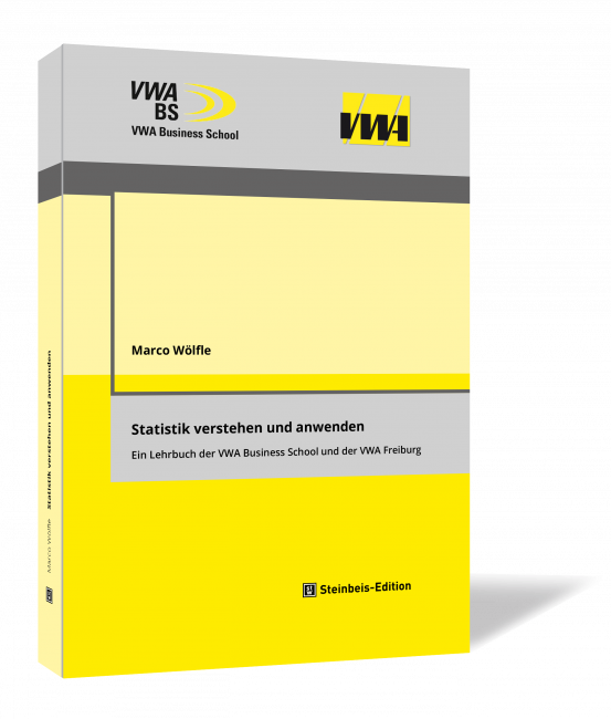 Buchcover von 'Statistik verstehen und anwenden' von Marco Wölfle, in Gelb- und Grautönen mit den Logos der VWA Business School und der VWA Freiburg.