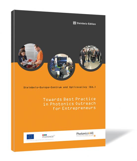 Book cover of 'Towards Best Practice in Photonics Outreach for Entrepreneurs' by Steinbeis-Europa-Zentrum et al., showing three circular images related to photonics activities on an orange background.