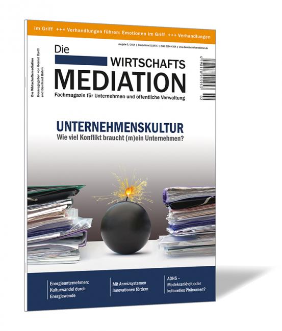 Buchcover der Zeitschrift 'Die Wirtschaftsmediation (Ausgabe 2014/02)' von Gernot Barth, Bernhard Böhm (Hrsg.), mit einer brennenden Bombe zwischen Papierstapeln.
