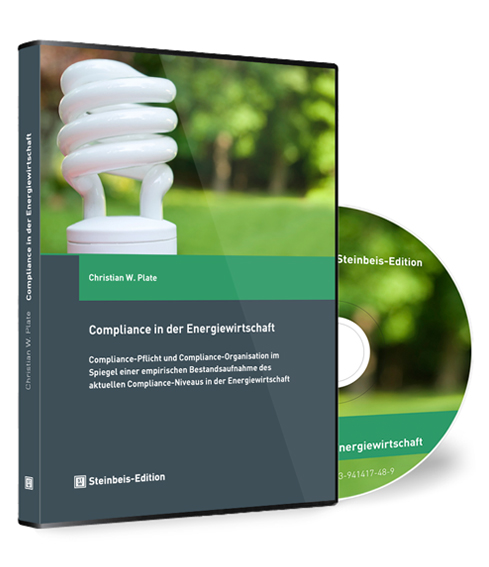 Buchcover von 'Compliance in der Energiewirtschaft' von Christian W. Plate, mit einem Bild von einer Glühbirne in der Natur.