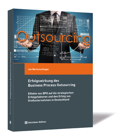 Buchcover 'Erfolgswirkung des Business Process Outsourcing' von Jan Bartenschlager. Buchcover von 'Erfolgswirkung des Business Process Outsourcing' von Jan Bartenschlager, mit einem Bild eines Mannes im Anzug, der vor einem Computerbildschirm steht, auf dem Daten angezeigt werden, und dem Wort 'Outsourcing' hervorgehoben.