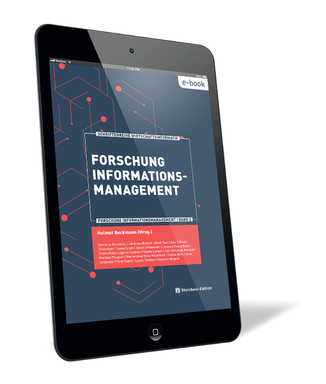 Buchcover 'Forschung Informationsmanagement. Band 2 (E-Book)' von Helmut Beckmann. Buchcover von 'Forschung Informationsmanagement. Band 2 (E-Book)' von Helmut Beckmann auf einem Tablet, mit stilisierten roten Schaltkreismustern auf dunkelblauem Hintergrund.
