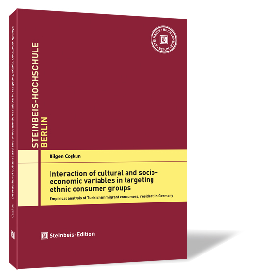 Book cover of 'Interaction of cultural and socioeconomic variables in targeting ethnic consumer groups' by Bilgen Coskun, with a red background, yellow accents, and the Steinbeis University logo at the top right.