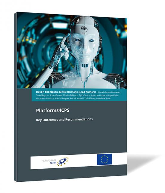 Book cover of 'Platforms4CPS' by Haydn Thompson and Meike Reimann, featuring a humanoid robot with a futuristic blue background.