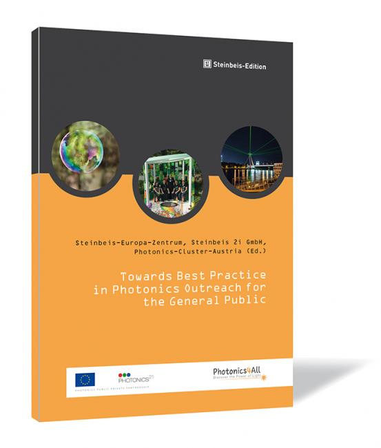 Book cover of 'Towards Best Practice in Photonics Outreach for General Public' by Steinbeis-Europa-Zentrum et al., showing three circular images related to photonics activities on an orange background.