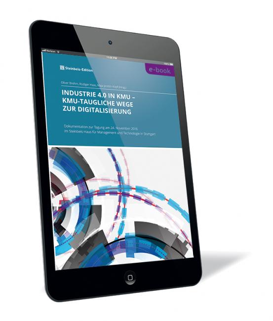 Buchcover 'INDUSTRIE 4.0 IN KMU – KMU-taugliche Wege zur Digitalisierung' von Oliver Brehm, Rüdiger Haas und Maja Jeretin-Kopf. Buchcover von 'INDUSTRIE 4.0 IN KMU – KMU-taugliche Wege zur Digitalisierung' von Oliver Brehm, Rüdiger Haas und Maja Jeretin-Kopf, mit grafischen abstrakten Kreisen in Blau- und Lilatönen.