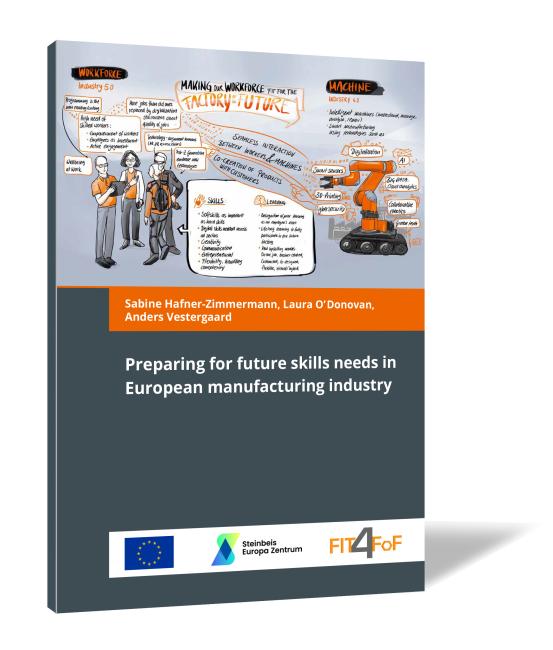 Buchcover 'Preparing for future skills needs in European manufacturing industry' von Sabine Hafner-Zimmermann, Laura O’Donovan und Anders Vestergaard. Buchcover von 'Preparing for future skills needs in European manufacturing industry' von Sabine Hafner-Zimmermann, Laura O’Donovan und Anders Vestergaard, mit Illustrationen von Personen, Robotik-Elementen und einem Textfeld auf hellblauem Hintergrund.