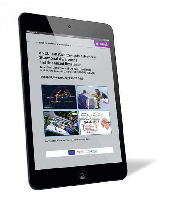 Book cover of 'An EU Initiative towards Advanced Situational Awareness and Enhanced Resilience (E-Book)' by Aleksandar Jovanovic and Hanna Maria Burkow, a grey background with four images related to surveillance, technology, and crisis management.