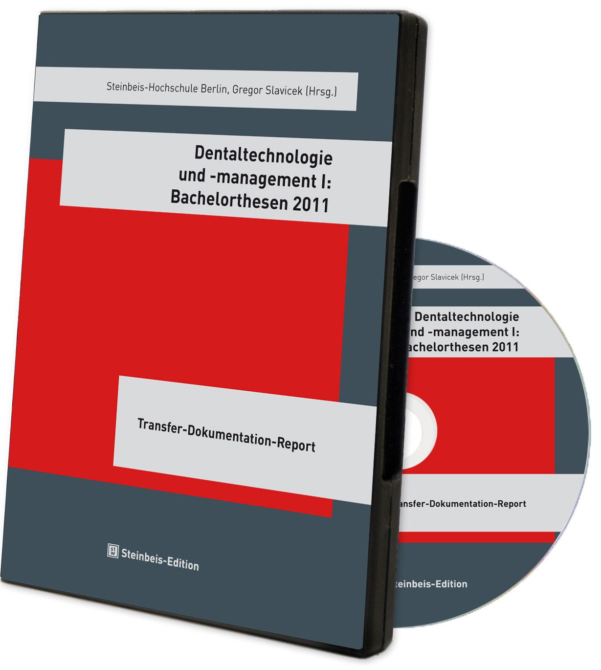 Buchcover von 'Dentaltechnologie und -management I: Bachelorthesen 2011' von Steinbeis-Hochschule, Gregor Slavicek (Hrsg.), mit rotem Hintergrund und hellgrauen Akzenten.