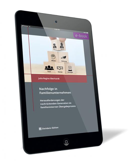 Buchcover 'Nachfolge in Familienunternehmen (E-Book)' von Julia Regine Eberhardt. Buchcover von 'Nachfolge in Familienunternehmen (E-Book)' von Julia Regine Eberhardt, auf einem Tablet dargestellt, mit Symbolen für Familienunternehmen auf Bauklötzen, schwarz, rotes Design, herausgegeben von Steinbeis-Edition.