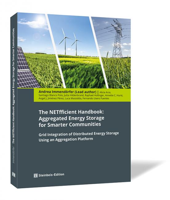 Book cover of 'The NETfficient Handbook: Aggregated Energy Storage for Smarter Communities' by Andrea Immendörfer, featuring a photo collage of solar panels, wind turbines, green fields, and power lines.