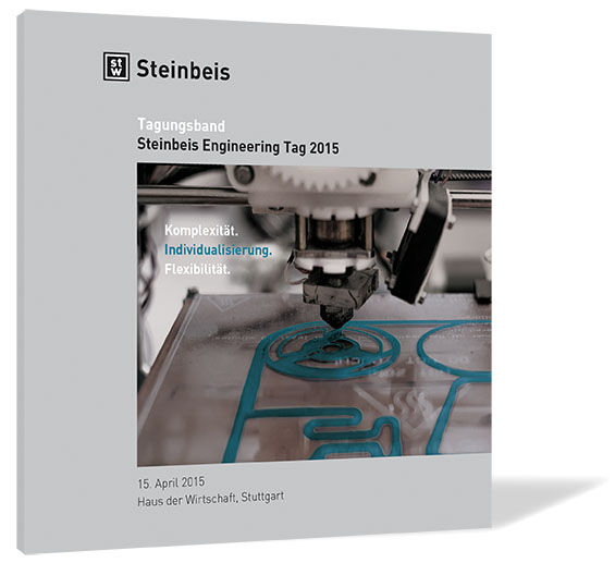 Buchcover von 'Steinbeis Engineering Tag 2015' von Steinbeis-Stiftung, mit einem Bild von einem 3D-Drucker, der ein Modell formt, und einer minimalistischen Gestaltung.