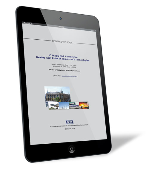Buchcover von 'iNTeg-Risk Conference 2009' (E-Book) von Aleksandar Jovanovic, Ortwin Renn und Olivier Salvi (Eds.), mit grauem Hintergrund und einzelnen Bildern in der Mitte, gezeigt auf einem iPad.