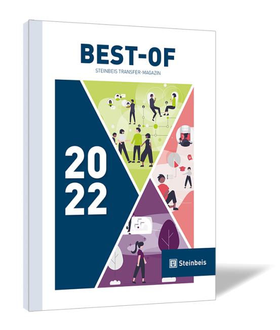 Buchcover 'Best-of Steinbeis Transfer-Magazin 2022'. Buchcover von 'Best-of Steinbeis Transfer-Magazin 2022' mit großem Schriftzug „2022“ links und bunten Illustrationen von Menschen und Technik auf dreieckigen Flächen rechts.