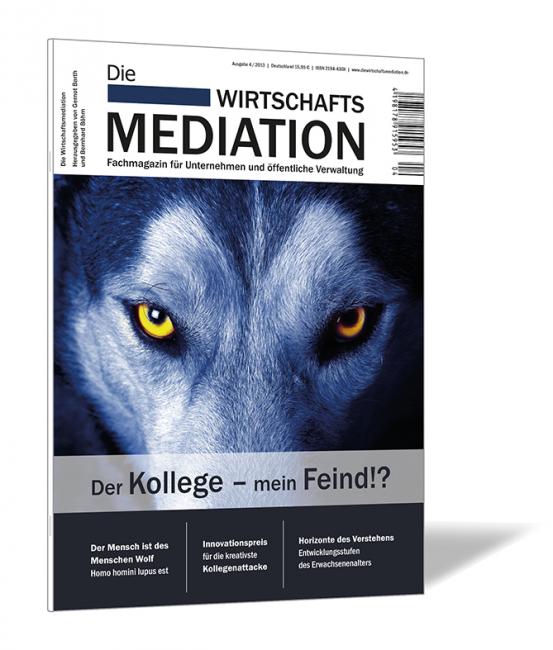 Buchcover der Zeitschrift 'Die Wirtschaftsmediation (Ausgabe 2013/04)' von Gernot Barth, Bernhard Böhm (Hrsg.), mit einem dunkelblauen Wolf als Hauptmotiv.
