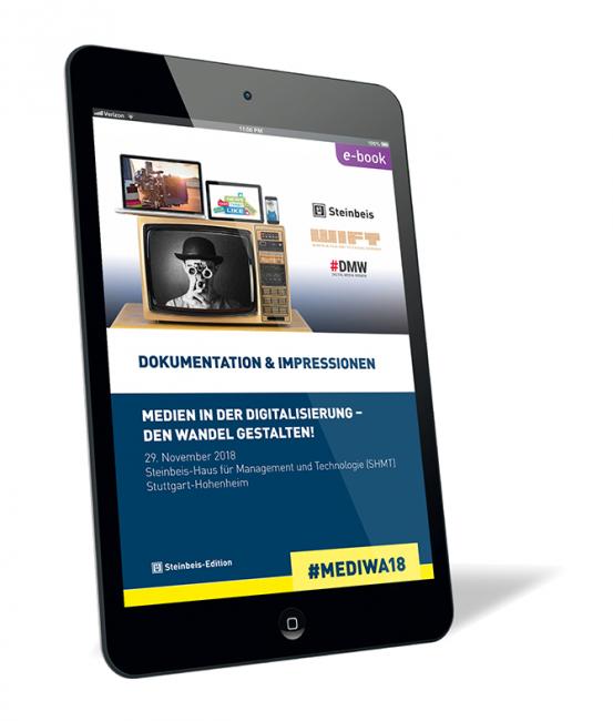 Buchcover 'Medien in der Digitalisierung – den Wandel gestalten! (E-Book)' herausgegeben von der Steinbeis GmbH & Co. KG. Buchcover von 'Medien in der Digitalisierung – den Wandel gestalten! (E-Book)' herausgegeben von der Steinbeis GmbH & Co. KG, mit einem alten Fernseher und mehreren modernen Bildschirmen darüber auf einem schwarzen Hintergrund.