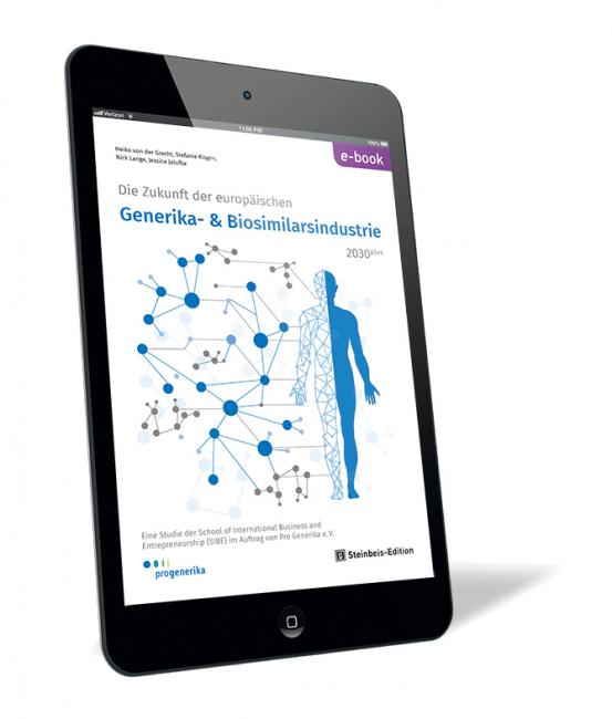 Buchcover von 'Die Zukunft der europäischen Generika- und Biosimilarsindustrie 2030plus (E-Book)' von Heiko von der Gracht, Stefanie Kisgen, Nick Lange und Jessica Jalufka, mit einem Netzwerkdiagramm und einer menschlichen Silhouette.