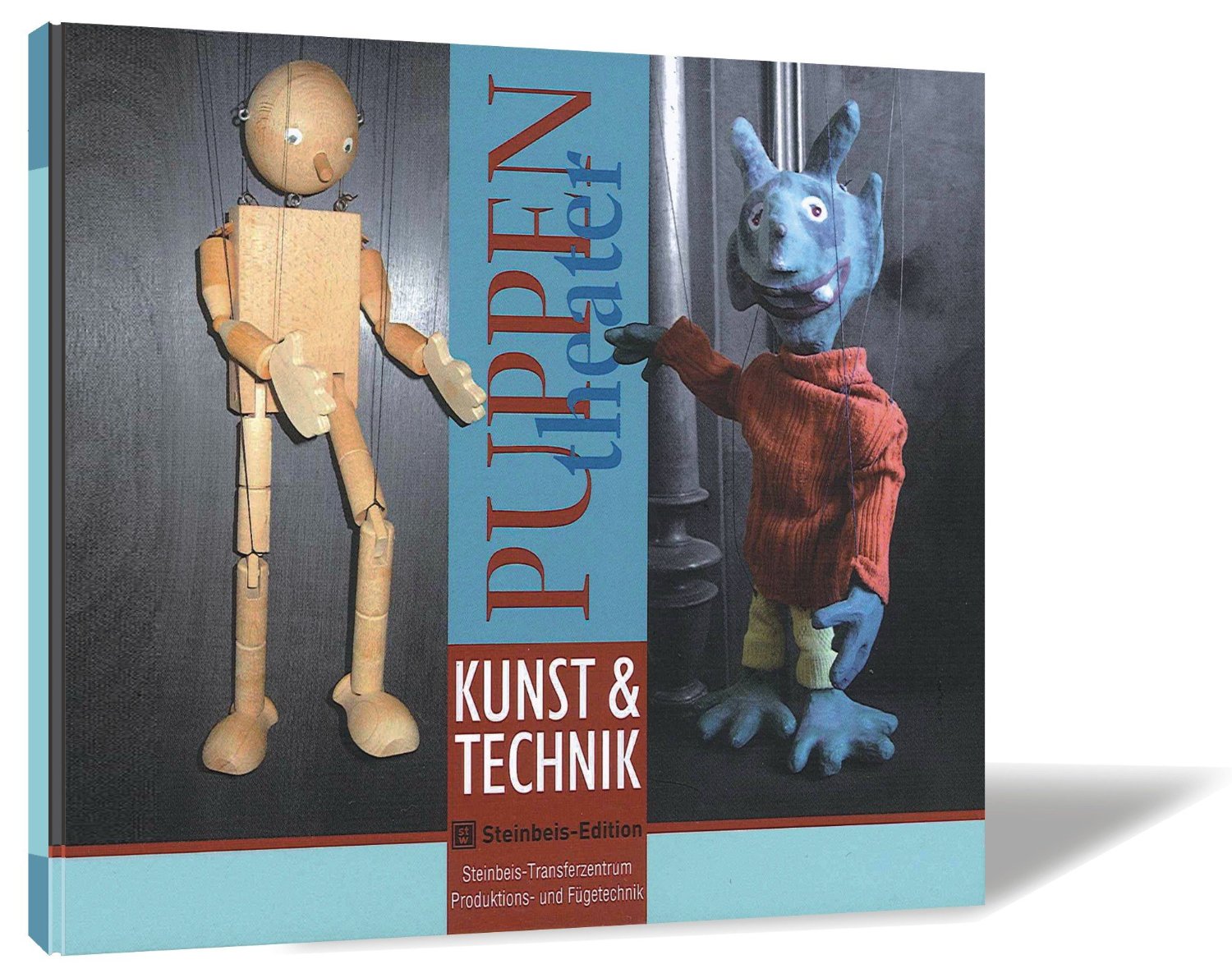 Buchcover von 'Puppentheater' von Günter Köhler, mit einer Holzpuppe links und einer blauen Puppe rechts.