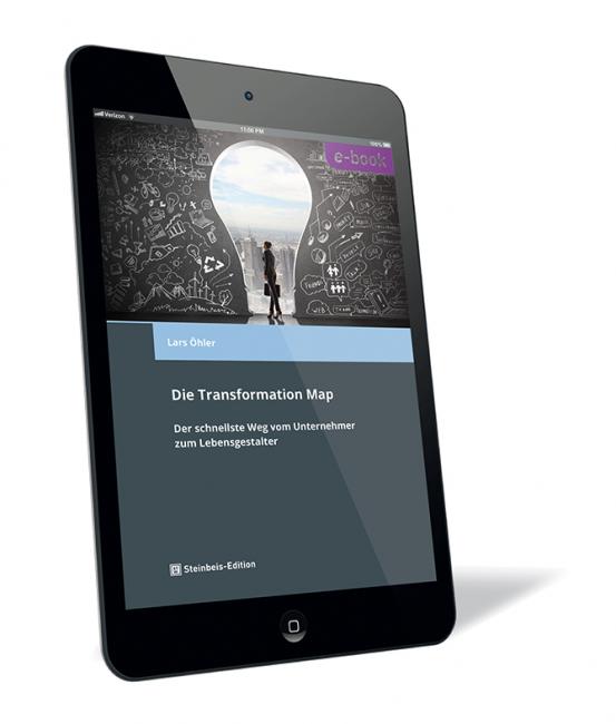 Buchcover von 'Die Transformation Map (E-Book)' von Lars Öhler, mit einer Illustration von zwei Personen vor einer großen weißen Kugel auf dunklem Hintergrund.