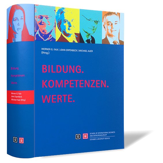 Buchcover von 'Bildung. Kompetenzen. Werte.' von Werner G. Faix, John Erpenbeck, Michael Auer, mit blauem Hintergrund und roter Schrift.